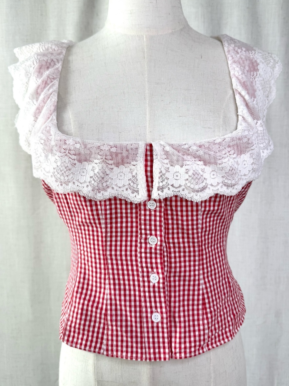 GUIZIO Paloma Corset Top Red White Gingham Poppy Lace Trim Size XS
